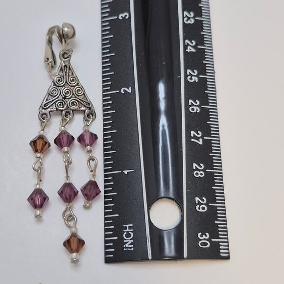 Silver-tone chandelier purple brown beaded dangle bohemian clip-on earrings - Picture 5 of 7